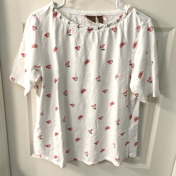 Chicos White 100%Cotten T Shirt with Neck detailing and Watermelon Print - Picture 1 of 7